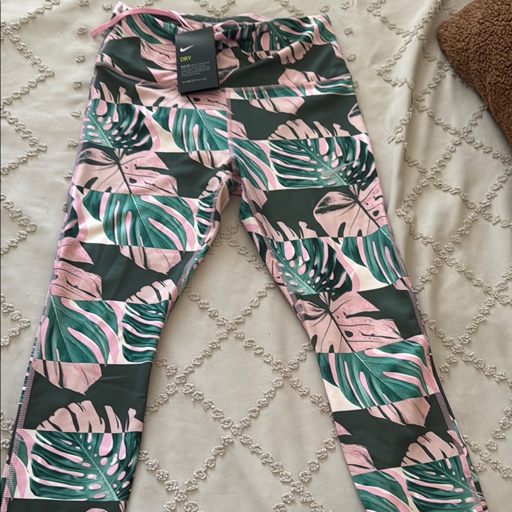 Nike Pink and Green Leggings with Tropical Print